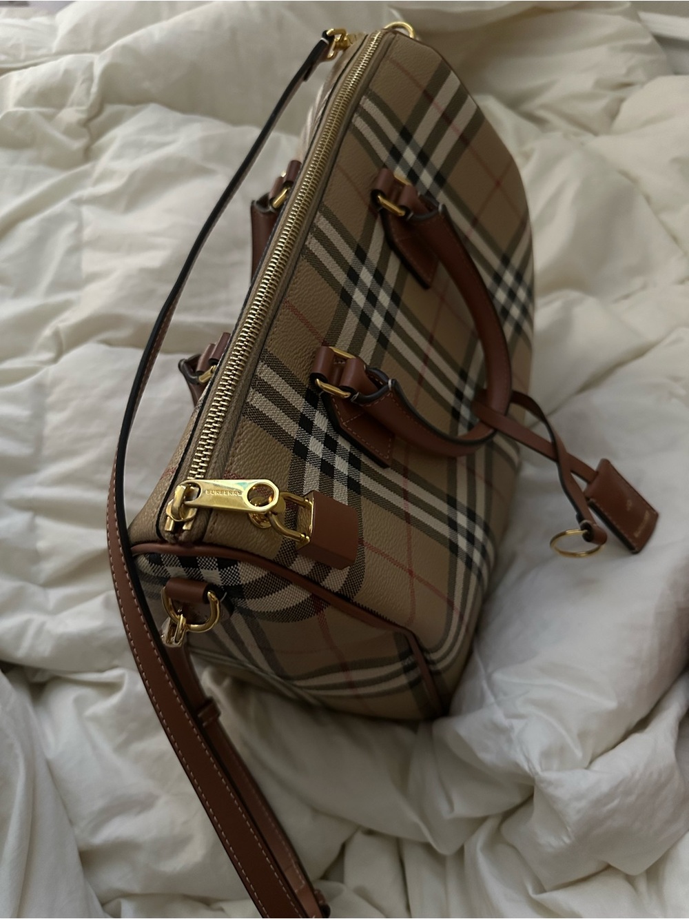 Burberry Classic Check Leather Satchel Bag - Brown Plaid